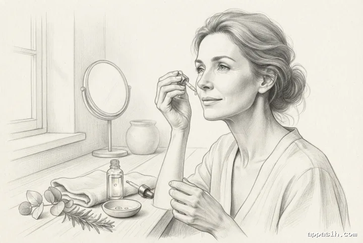 Detailed pencil sketch of a woman applying botanical face serum at the same minimalist vanity, with the dropper bottle, ceramic dish, towel, and leaves shown from a closer three-quarter angle.