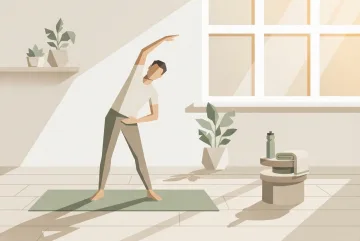 Geometric graphic of a person performing a morning mobility stretch on an exercise mat in a calm wellness studio with plants, towel, water bottle, and soft window light.
