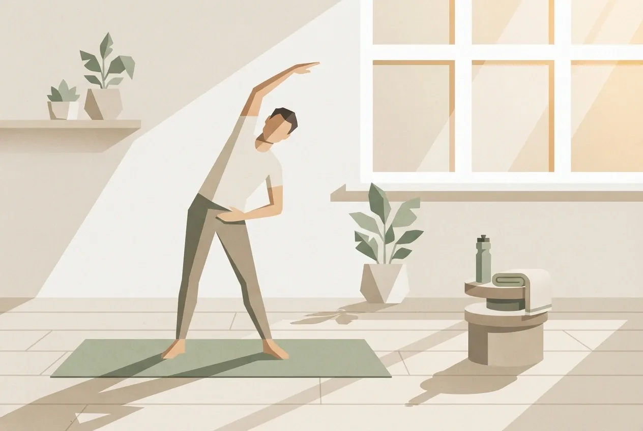 Geometric graphic of a person performing a morning mobility stretch on an exercise mat in a calm wellness studio with plants, towel, water bottle, and soft window light.