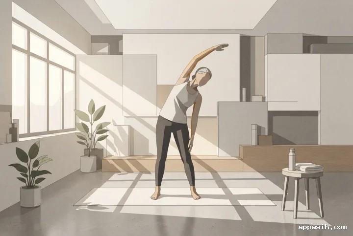 Closer geometric graphic view of the same person performing a side-reaching morning mobility stretch in the same calm wellness studio with plants, towel, water bottle, structured shadows, and soft amber morning light.
