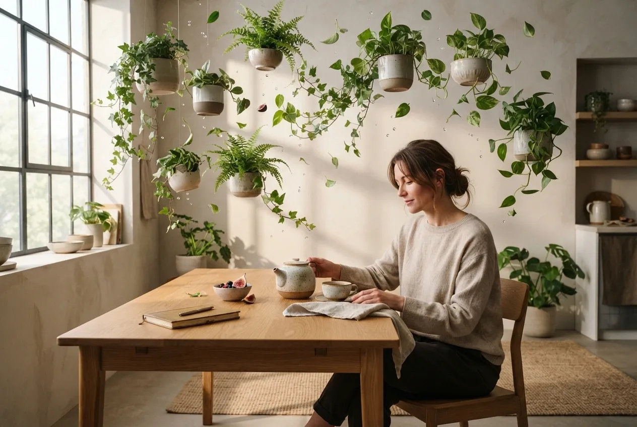 Woman drinking morning tea in a bright apartment beneath a surreal floating indoor garden with hovering ceramic planters, vines, leaves, and watering droplets.