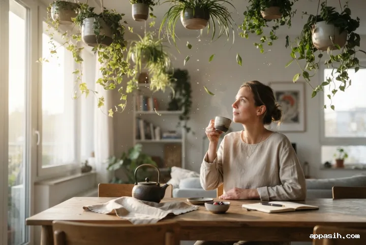Woman lifting a tea cup at a wooden table in the same bright apartment beneath a detailed surreal floating indoor garden of hovering planters, vines, leaves, and suspended droplets.