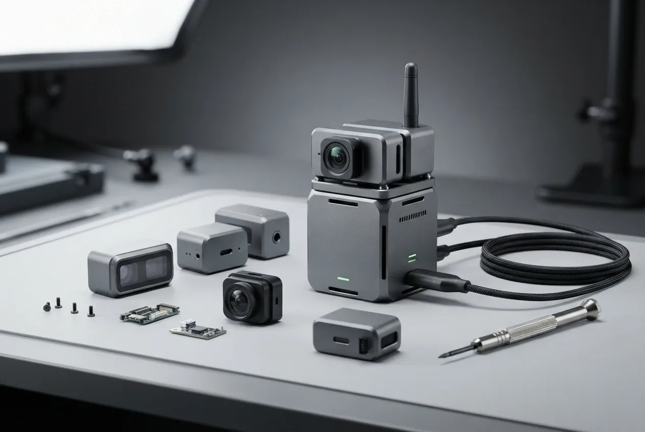 Modular edge AI sensor hub with interchangeable camera and environmental sensing modules arranged on a precision technology workbench.