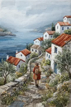 Traveler walking a winding cliffside village trail above a misty coastal bay in layered embroidery and textile art.
