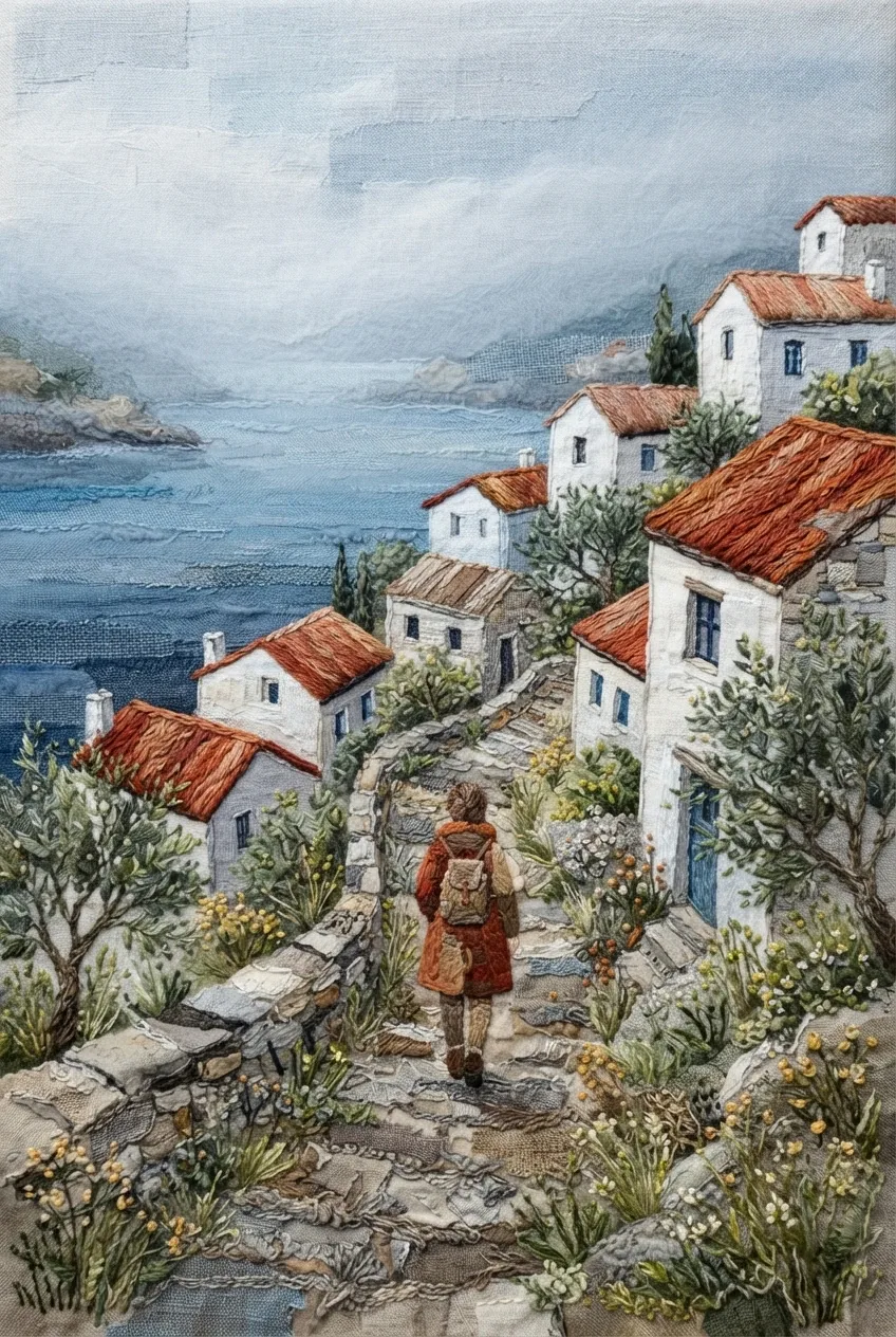 Traveler walking a winding cliffside village trail above a misty coastal bay in layered embroidery and textile art.