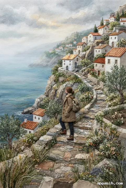 Traveler pausing on an embroidered cliffside village trail overlooking a misty blue bay, surrounded by layered textile houses, olive trees, and stitched coastal scenery.