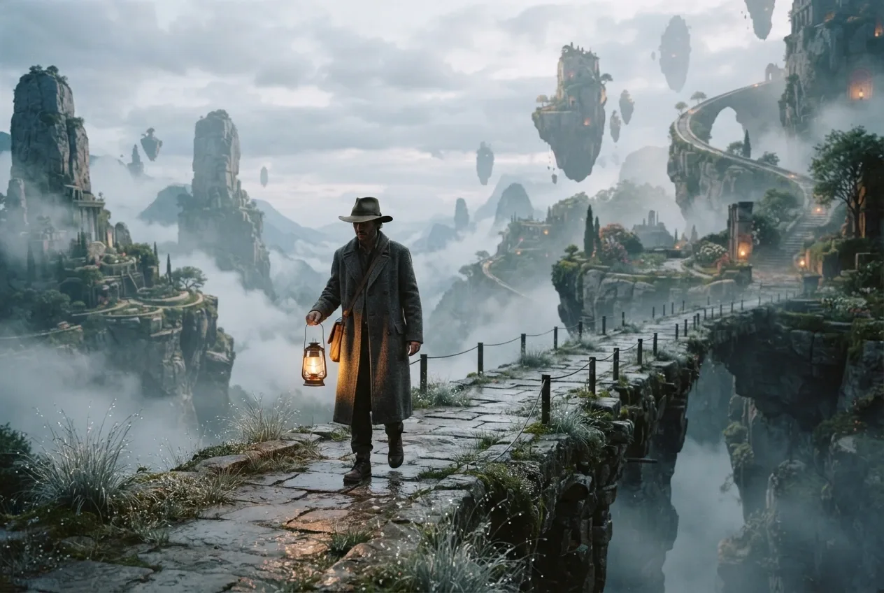 Surreal lantern keeper in a charcoal coat walking through a floating stone garden above a misty valley while carrying a glowing glass lantern.