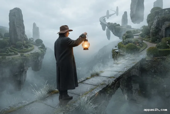 Surreal lantern keeper raising a glowing glass lantern on a floating stone pathway surrounded by mist, suspended garden terraces, and ancient monoliths.