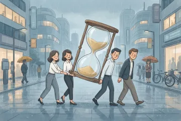 Storybook 2D illustration of four office workers carrying an oversized hourglass through a rainy city street as a metaphor for deadline and workload pressure.