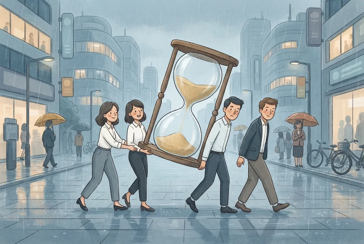 Storybook 2D illustration of four office workers carrying an oversized hourglass through a rainy city street as a metaphor for deadline and workload pressure.