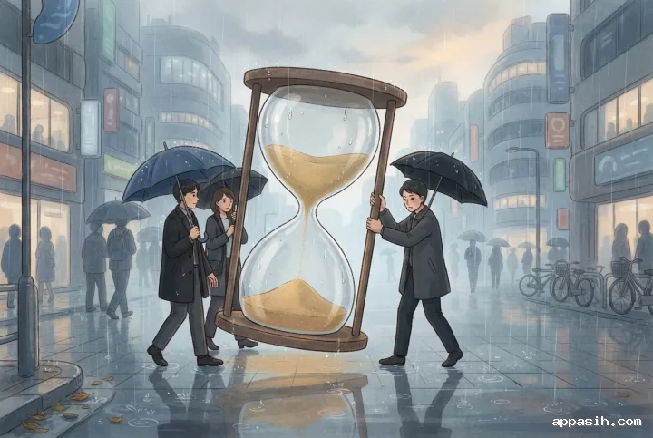 Detailed storybook 2D illustration of four office workers carrying a giant hourglass through the same rainy city street, with warm reflections and falling sand emphasizing workplace time pressure.