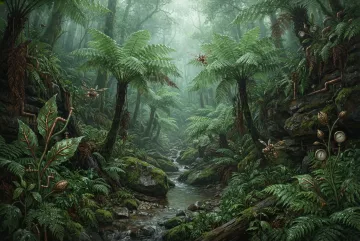 Steampunk fern ravine with giant green ferns, copper-veined plants, brass pollination drones, a rocky stream, and soft morning mist.