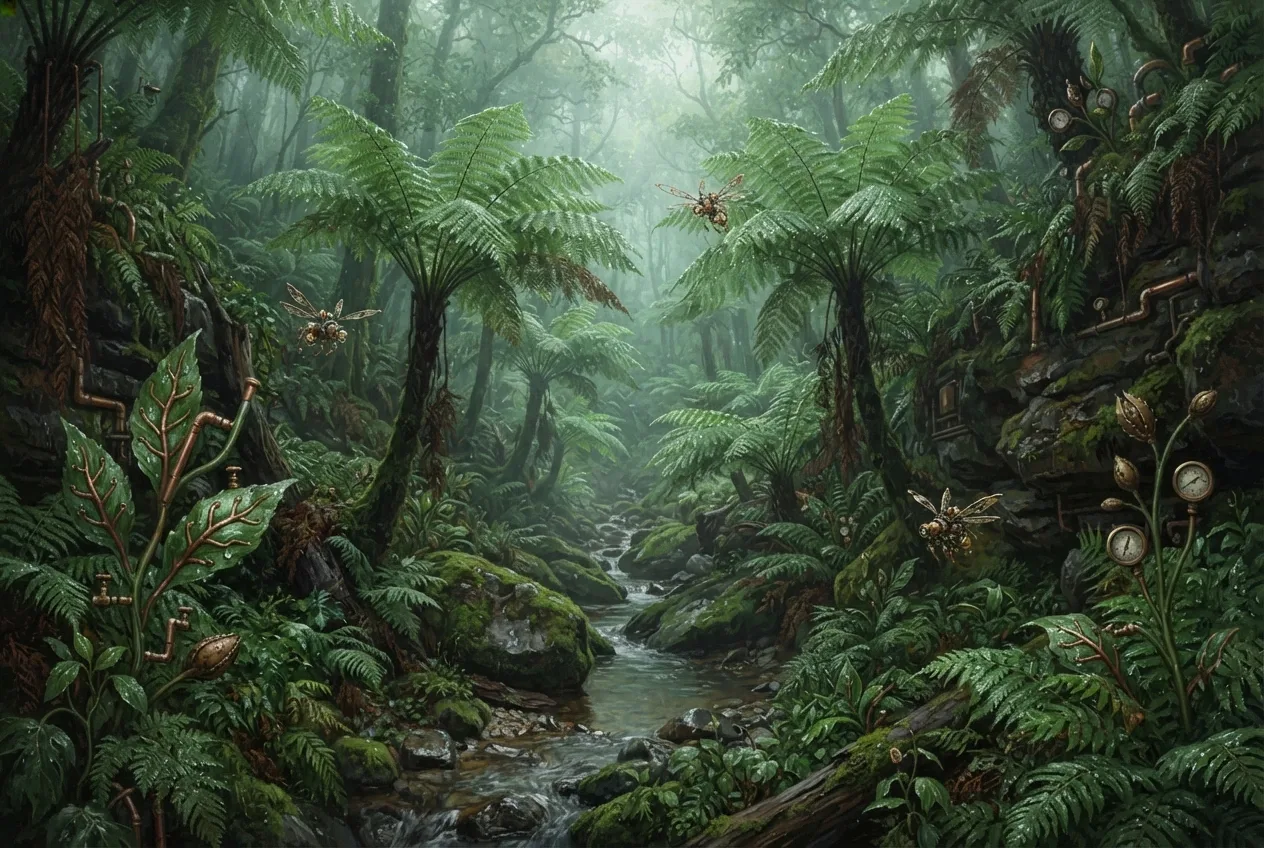 Steampunk fern ravine with giant green ferns, copper-veined plants, brass pollination drones, a rocky stream, and soft morning mist.