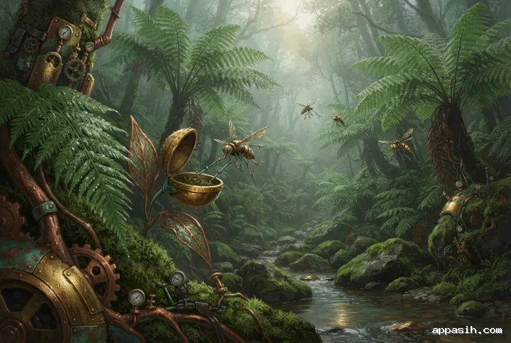 Closer steampunk view of a misty fern ravine with copper-veined plants, a brass seed pod, three pollination drones, mossy rocks, and a narrow forest stream.