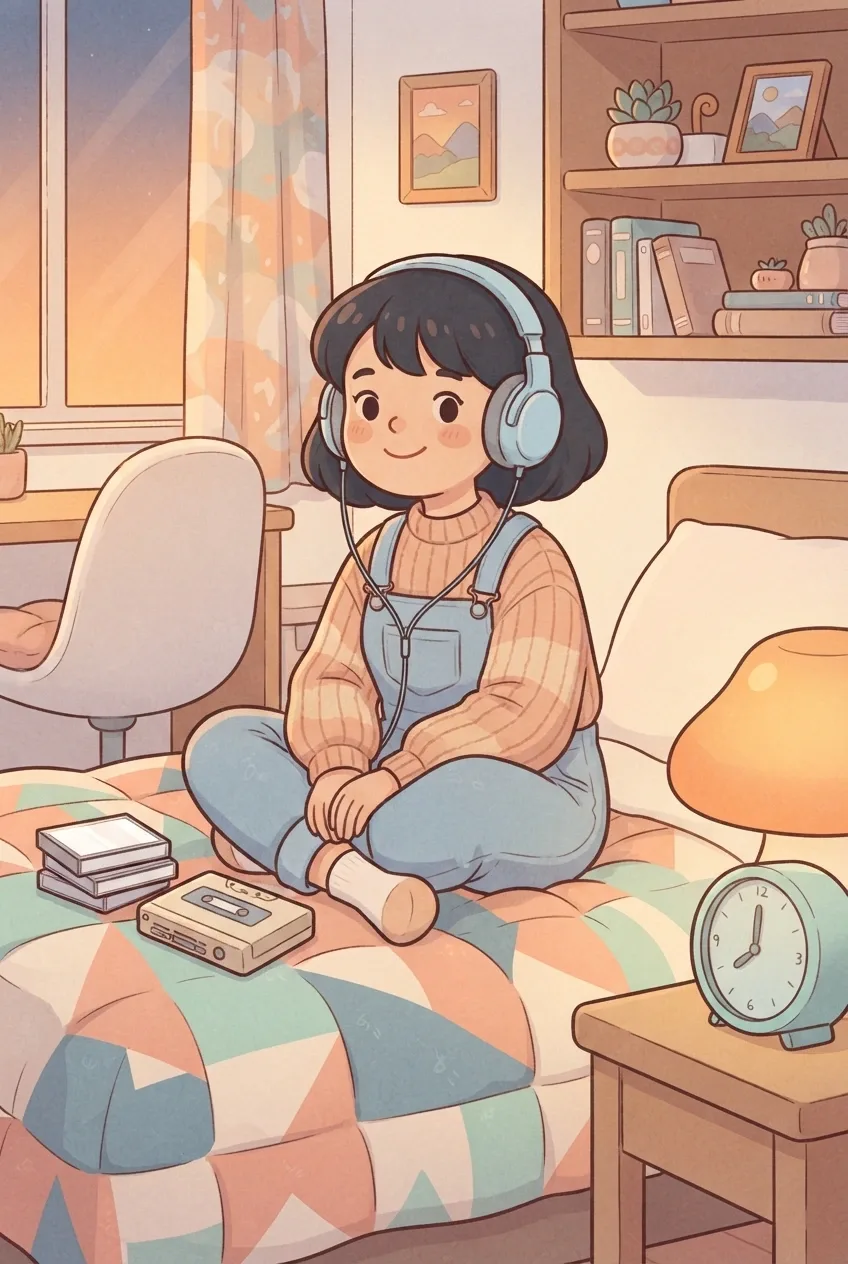 Kawaii cartoon of a young cassette listener wearing wired headphones while sitting on a bed in a cozy pastel 1980s bedroom.