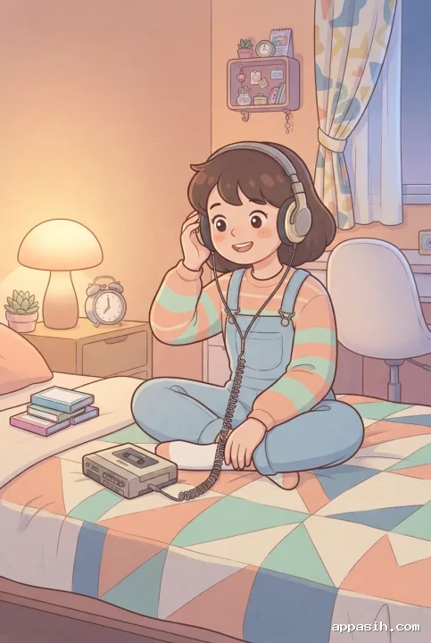 Kawaii cartoon showing a young cassette listener lifting one headphone earcup in a warmly lit pastel 1980s bedroom with a cassette player and retro decor.