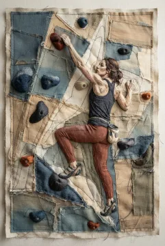 Indoor climber reaching across a training wall made from layered fabric, embroidered thread, felt climbing holds, and tactile textile stitching.