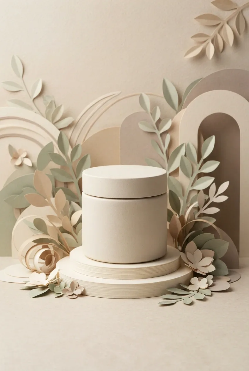 Blank cream skincare jar on a layered botanical papercraft pedestal with sage paper leaves and warm neutral studio lighting.