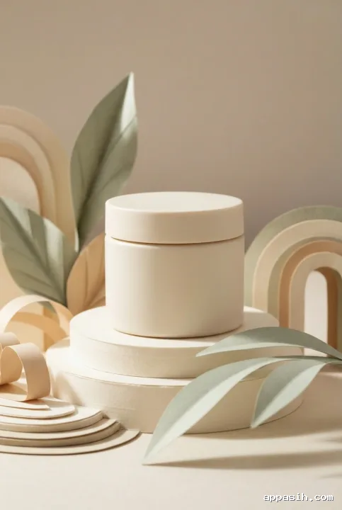Blank cream skincare jar in a closer three-quarter papercraft botanical display with layered sage leaves, ivory paper pedestal, and warm diffused studio light.