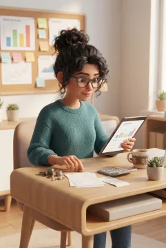 Small business owner planning cash flow at an office desk with coins, invoices, calculator, tablet charts, and budgeting materials in 3D Cartoon style.