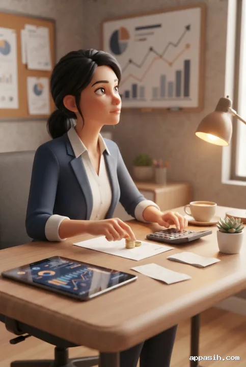 Small business owner organizing coins beside invoices while reviewing cash flow charts at the same office desk in a detailed 3D Cartoon scene.