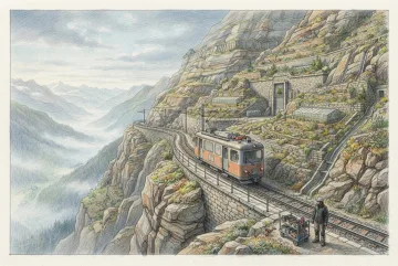 Colored pencil drawing of a maintenance tram traveling along a cliffside railway toward a botanical seed vault carved into a misty terraced mountain.