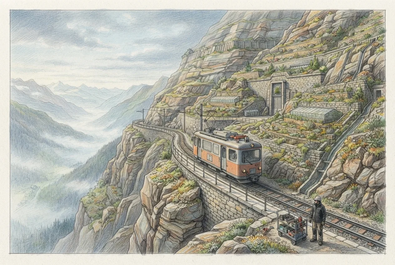 Colored pencil drawing of a maintenance tram traveling along a cliffside railway toward a botanical seed vault carved into a misty terraced mountain.