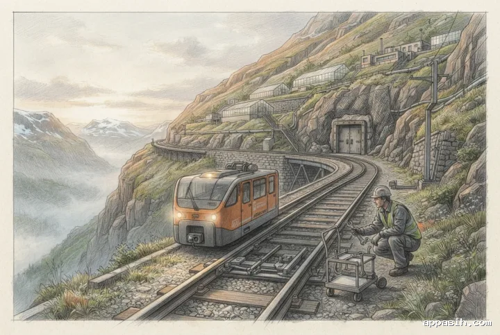 Detailed colored pencil drawing from a closer low three-quarter viewpoint of a maintenance tram approaching a botanical seed vault along a misty cliffside railway while a worker inspects the track.
