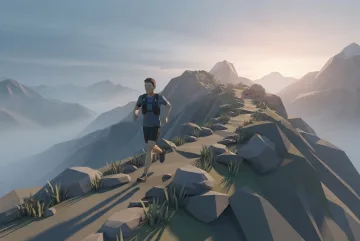 Low Poly 3D trail runner climbing a misty mountain ridge at dawn with faceted rocks and alpine grass.