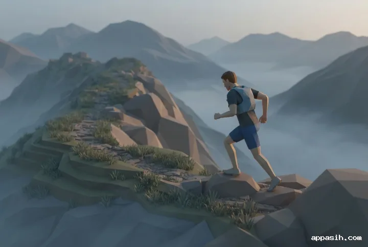 Low Poly 3D trail runner stepping onto an angular rock on the same misty mountain ridge at dawn.