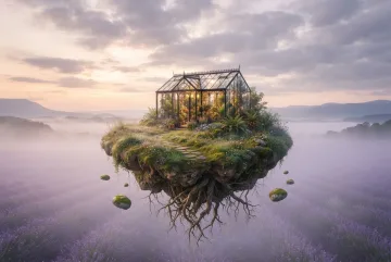 Surreal floating island with a glowing glasshouse, hanging roots, drifting stones, and a misty lavender valley at dawn.