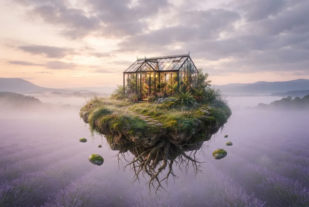 Surreal floating island with a glowing glasshouse, hanging roots, drifting stones, and a misty lavender valley at dawn.