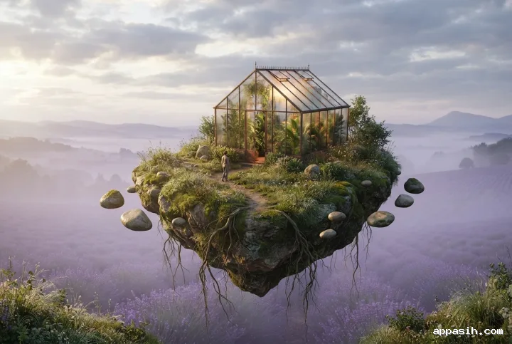 Surreal floating glasshouse island seen from a lower angle with a lone figure walking through mist above a lavender valley.