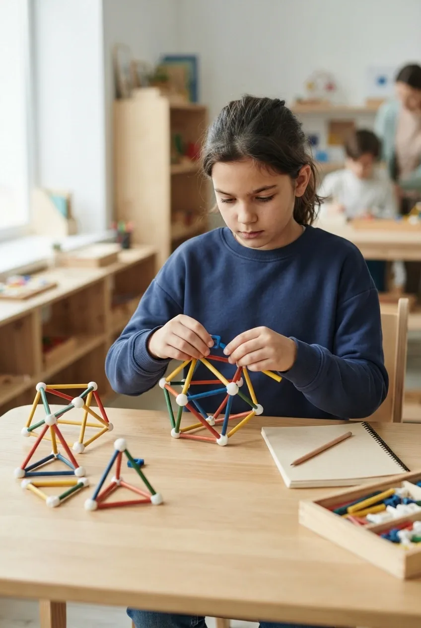 Student building a colorful geometric model from wooden learning pieces at a classroom table in realistic studio photography.