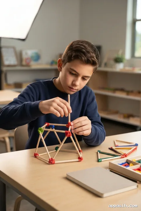 Student carefully connecting a wooden rod to a colorful geometric learning model at a classroom table, photographed from a closer three-quarter studio angle.