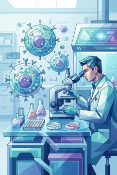 Geometric graphic illustration of a biomedical scientist studying engineered immune cells at a cellular immunotherapy laboratory workstation.
