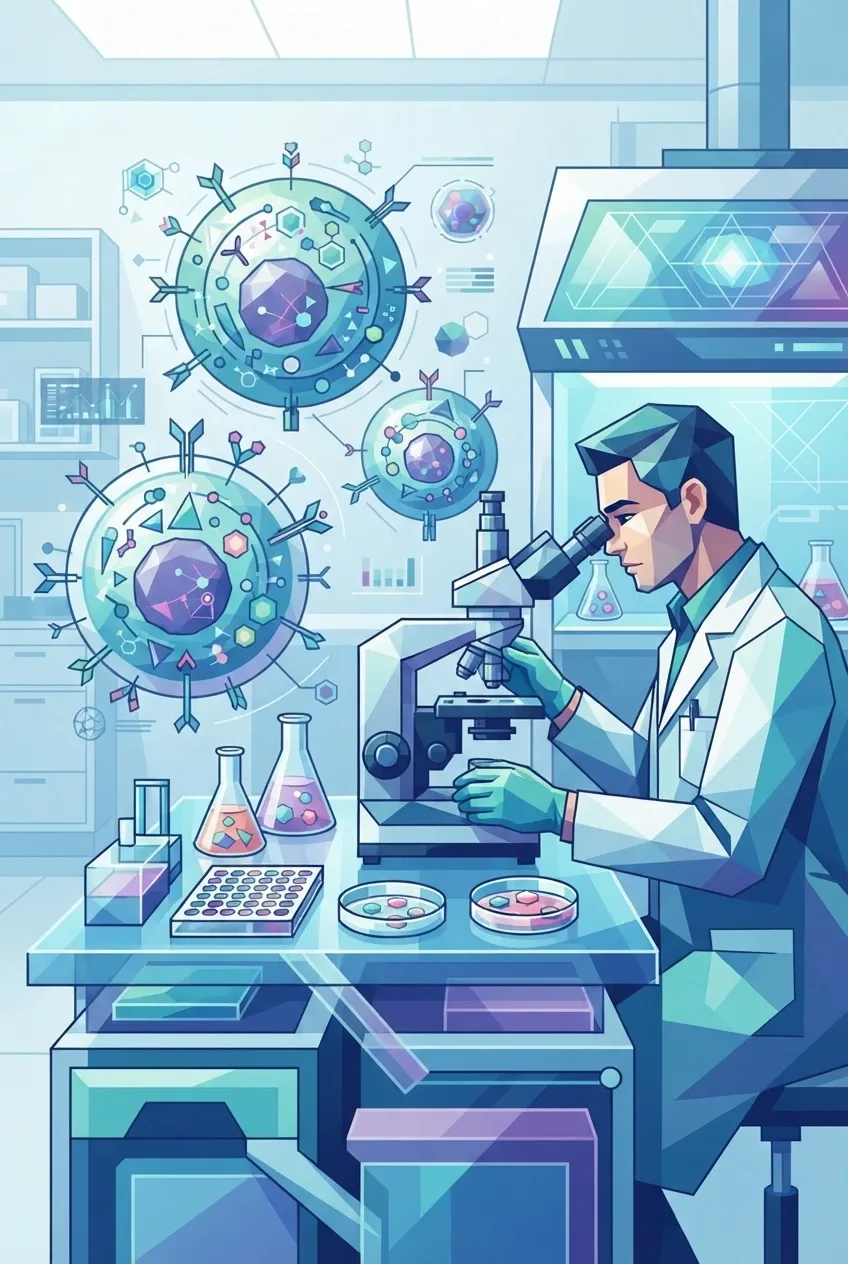 Geometric graphic illustration of a biomedical scientist studying engineered immune cells at a cellular immunotherapy laboratory workstation.
