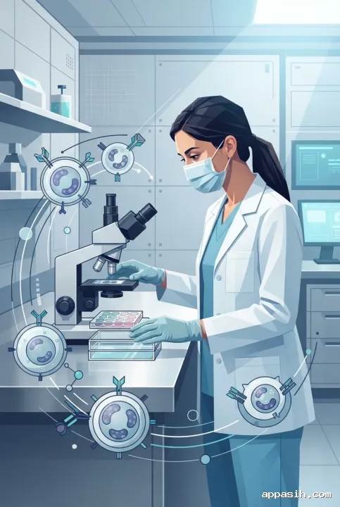 Geometric graphic scene of a biomedical scientist adjusting a cell-culture vessel while studying engineered immune cells in a cellular immunotherapy laboratory.
