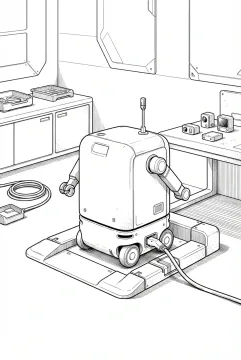 Line art drawing of an autonomous service robot connected to a charging dock in a clean future technology workspace.