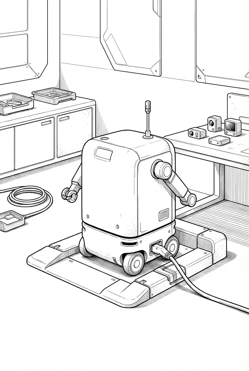 Line art drawing of an autonomous service robot connected to a charging dock in a clean future technology workspace.