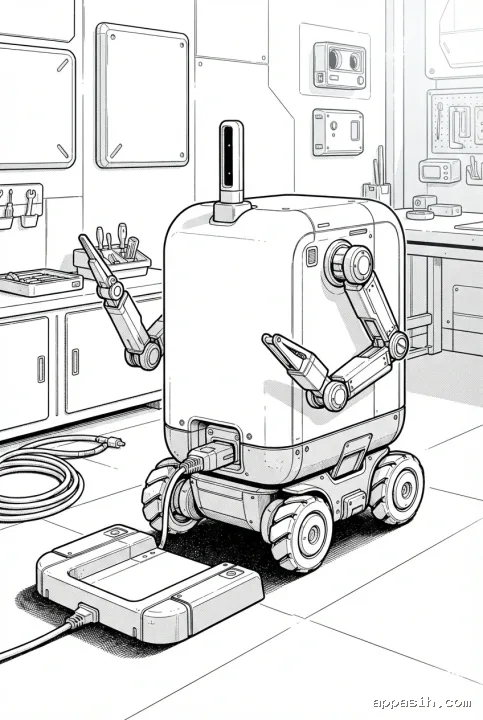 Detailed line art drawing of the same autonomous service robot at its charging dock, shown from a closer three-quarter angle inside the future technology workspace.