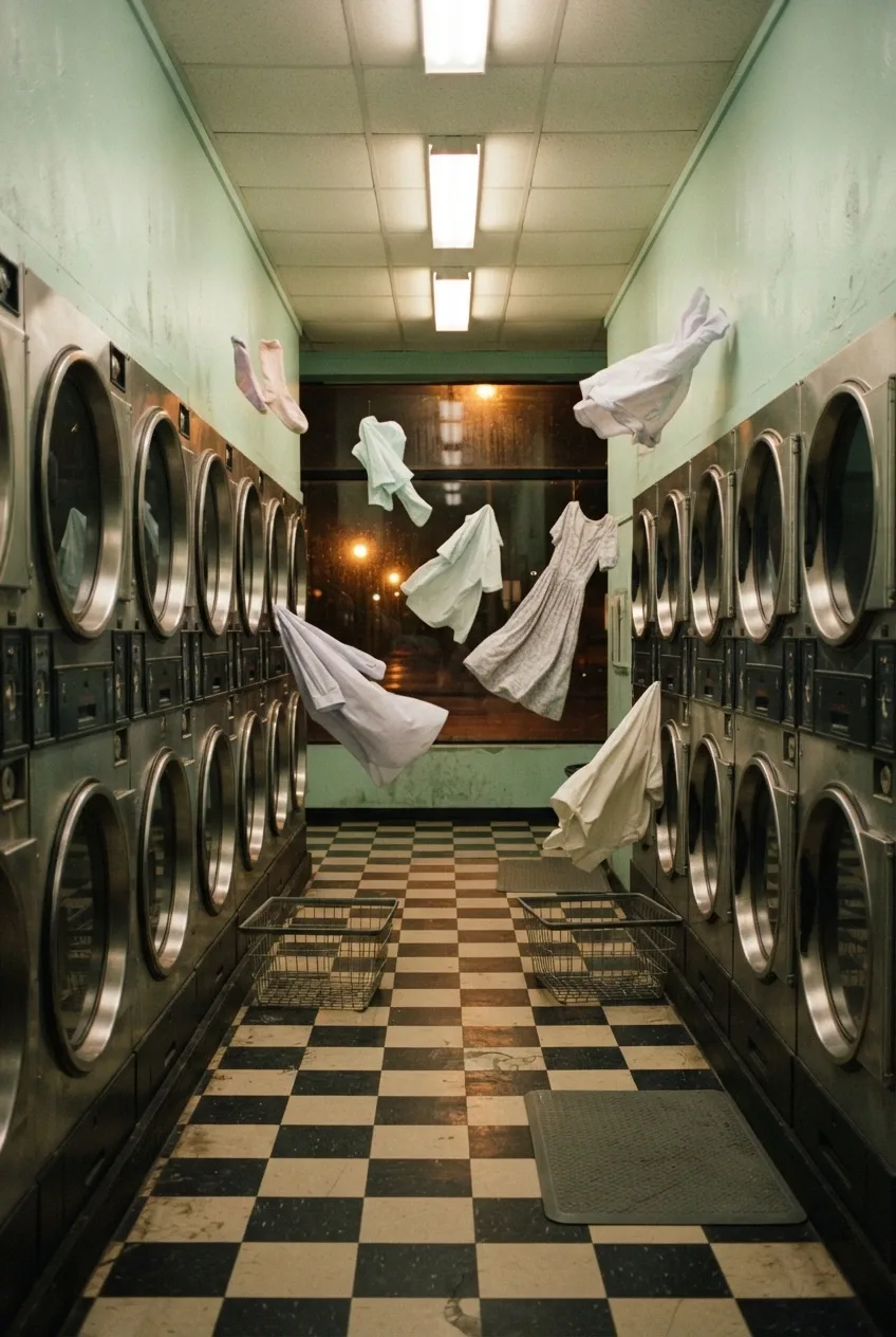 Surreal retro midnight laundromat with pastel clothes floating above chrome washing machines and a black-and-cream checkerboard floor.