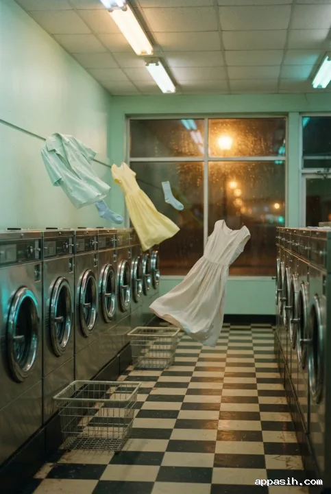 Closer surreal view of a retro midnight laundromat with floating pastel clothes, chrome washing machines, checkerboard tiles, and warm fluorescent light.