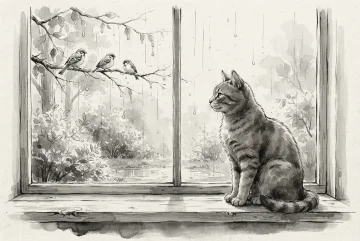 Ink wash drawing of a domestic cat sitting by a rainy window and watching three small garden birds on wet branches outside.