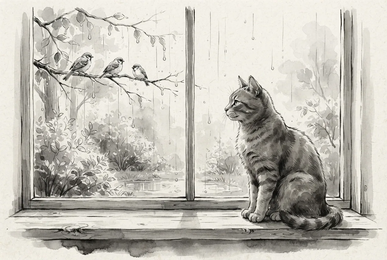 Ink wash drawing of a domestic cat sitting by a rainy window and watching three small garden birds on wet branches outside.