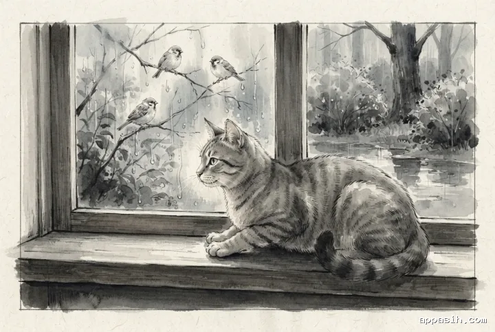 Detailed ink wash drawing of a domestic cat leaning slightly toward a rain-streaked window while watching three garden birds shelter on wet branches outside.