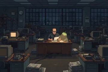 Retro pixel art scene of a lone newspaper editor working in a quiet late-night newsroom after the final print run.