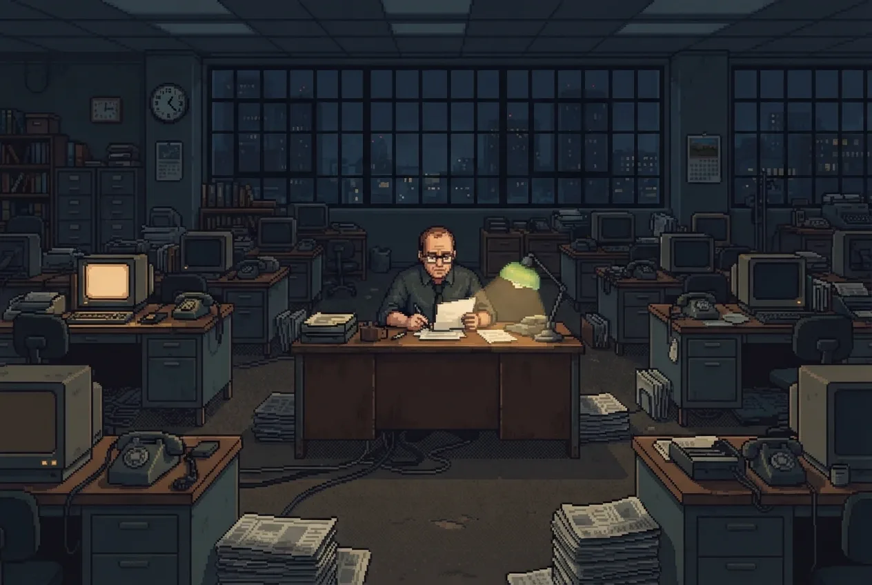 Retro pixel art scene of a lone newspaper editor working in a quiet late-night newsroom after the final print run.
