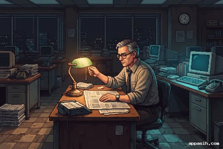 Detailed retro pixel art view of the same newspaper editor in a quiet late-night newsroom with stacked papers, analog clocks, empty desks, and glowing terminals.
