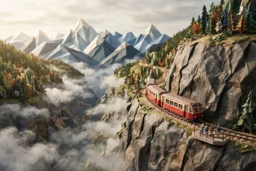 Mixed-media origami-style cliffside railway carrying travelers above a misty mountain valley with folded-paper peaks and layered forests.